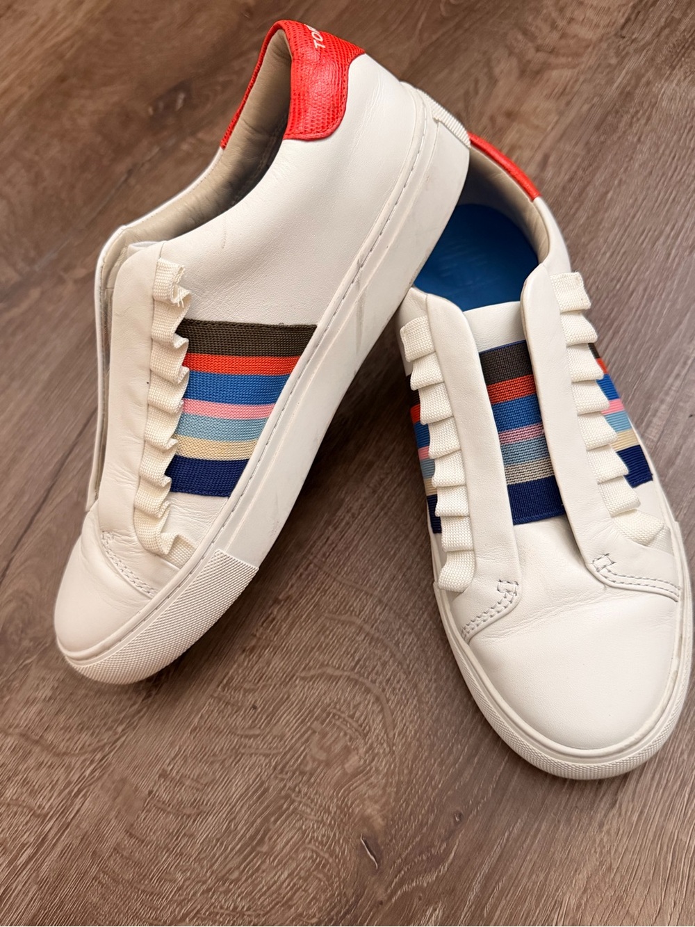 Tory Burch White Leather Slip-On Sneakers with Multicolor Stripe Detail